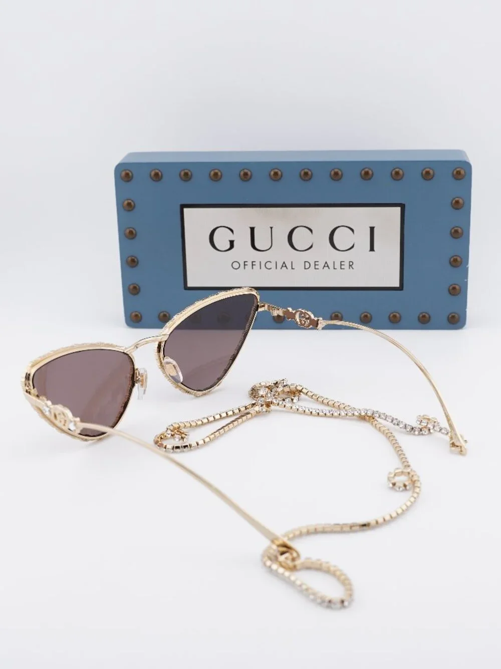 Gucci GG1569S 001 Cat Eye Sunglasses - Gold with White Stone / Brown